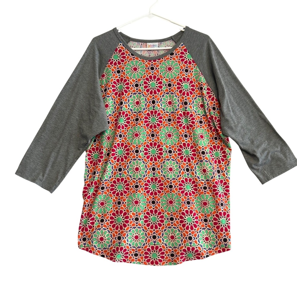 LuLaRoe Romantic Coquette Floral Women's Top 2XL Geometric Kaleidoscope Raglan